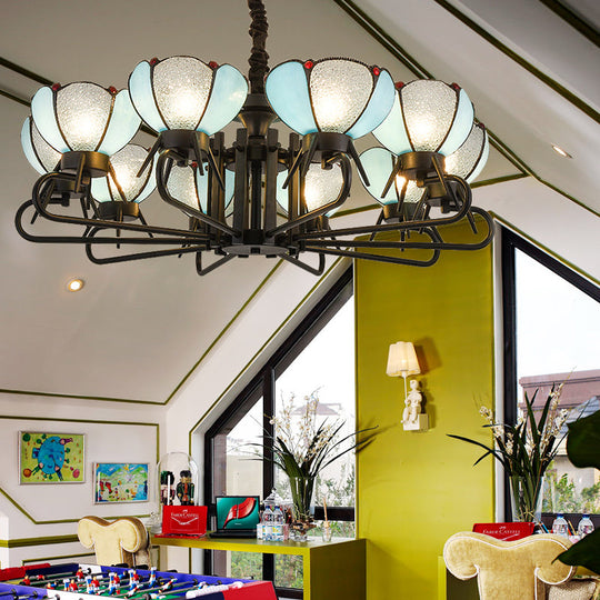 Blue Glass Petal Chandelier With Tiffany Suspension Light For Living Room