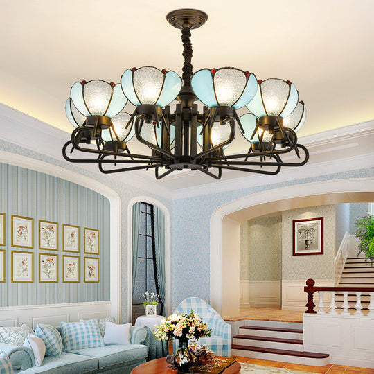 Blue Glass Petal Chandelier With Tiffany Suspension Light For Living Room