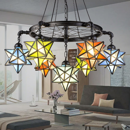 Tiffany Rustic Star Chandelier - Black Wheel 7-Light Stained Glass Drop Ceiling Light for Library