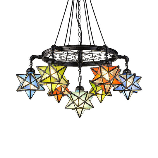 Tiffany Rustic Star Chandelier - Black Wheel 7-Light Stained Glass Drop Ceiling Light for Library