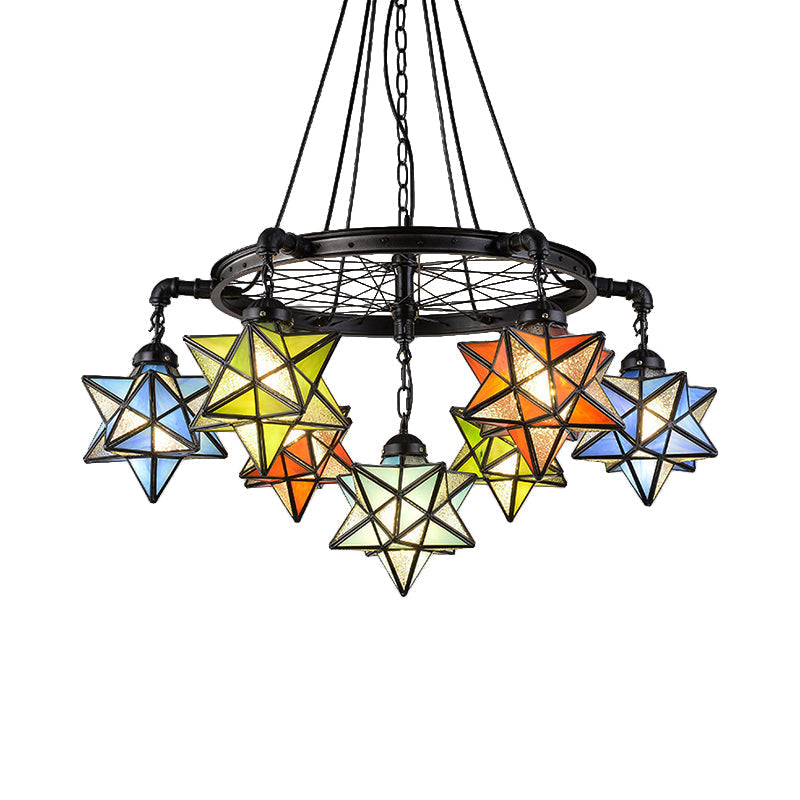 Rustic Star Chandelier With Black Wheel - Tiffany Style 7-Light Stained Glass Drop Ceiling Light For