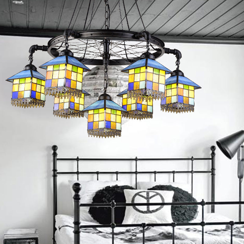 7-Light Lodge Chandelier With Colorful Glass Pendant And Black Wheel For Library