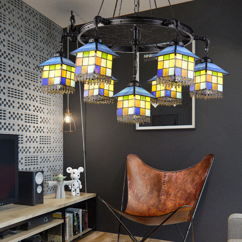 7-Light Lodge Chandelier with Colorful Glass Shades and Black Wheel for Library