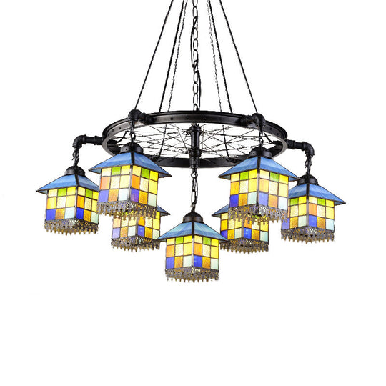 7-Light Lodge Chandelier With Colorful Glass Pendant And Black Wheel For Library