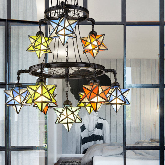 Vintage Stained Glass Star Chandelier with 2 Tiers and Black Finish