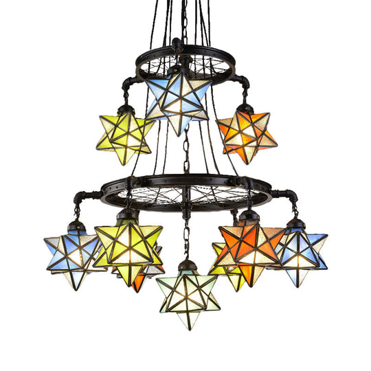 Vintage Stained Glass Star Chandelier with 2 Tiers and Black Finish