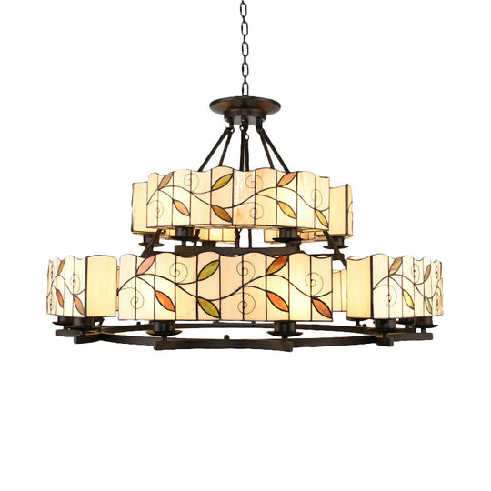 Leaf Suspension Light: 2-Tier Stained Glass Chandelier In Black Finish