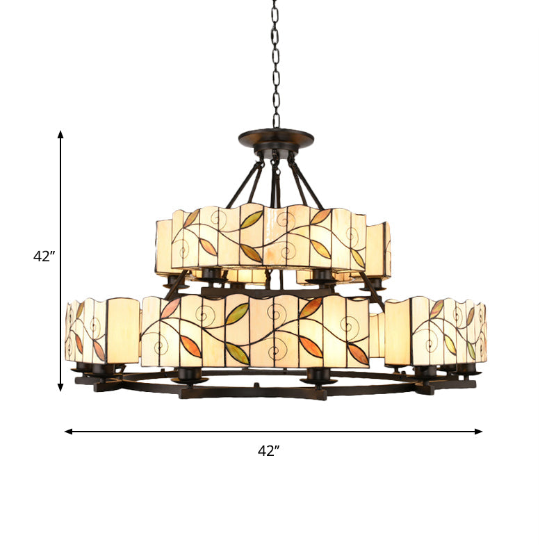 Stained Glass Chandelier: Traditional 2-Tier Leaf Suspension Light with Metal Chain in Black Finish