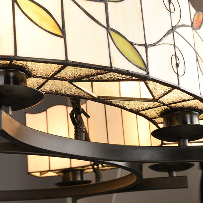 Stained Glass Chandelier: Traditional 2-Tier Leaf Suspension Light with Metal Chain in Black Finish