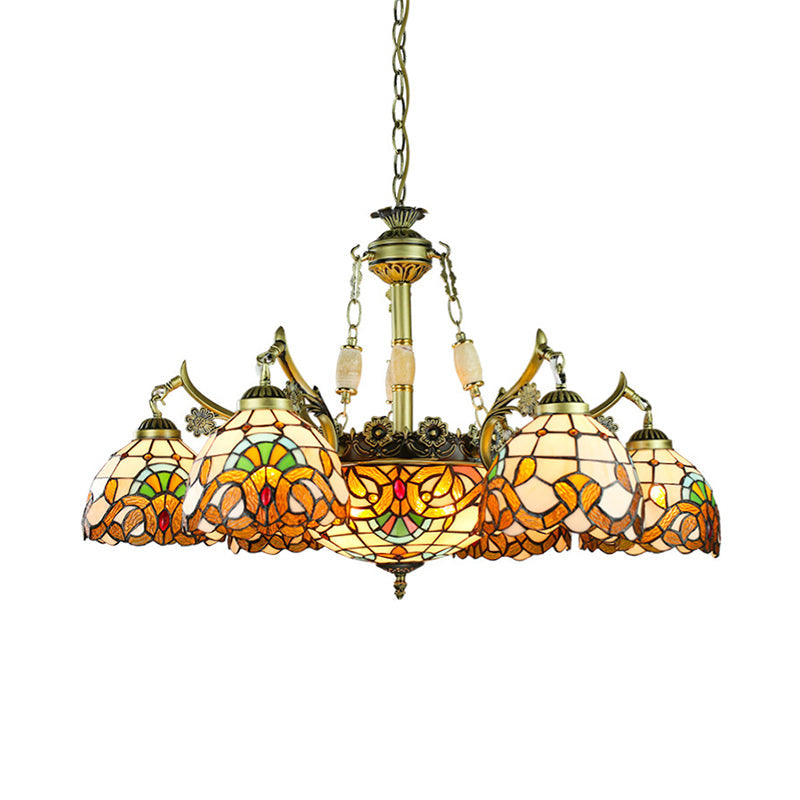 9/11 Lights Victorian Yellow Chandelier Lamp With Stained Glass Shade For Living Room