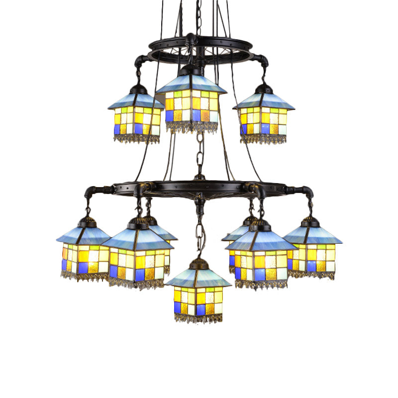 Lodge Style 2-Tier Stained Glass House Suspension Light Chandelier In Black For Living Room Décor