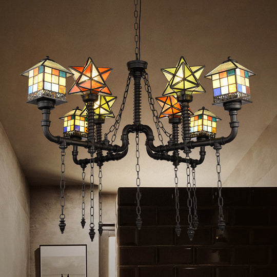 Rustic Stained Glass Chandelier With House And Star Design For Living Room Ceiling