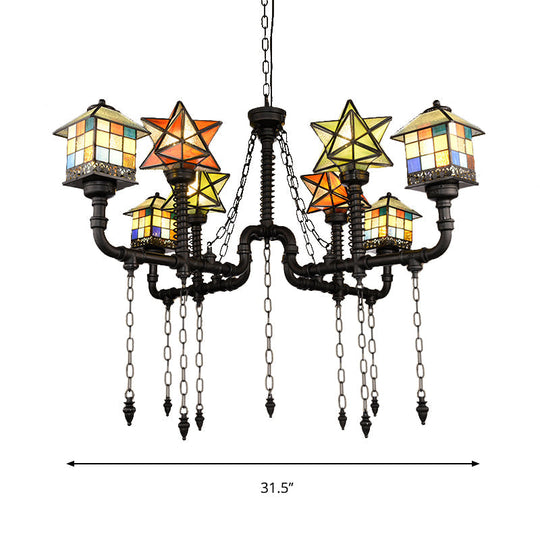 Antique Rustic House and Star Stained Glass Chandelier Ceiling Light for Living Room