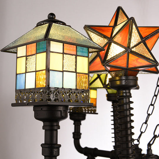 Antique Rustic House and Star Stained Glass Chandelier Ceiling Light for Living Room