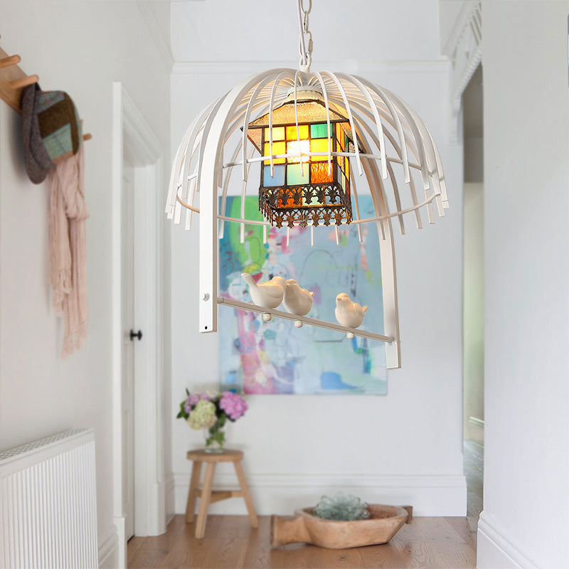 Tiffany Style White Bird Cage Pendant Light with Stainless Glass Ceiling Lamp