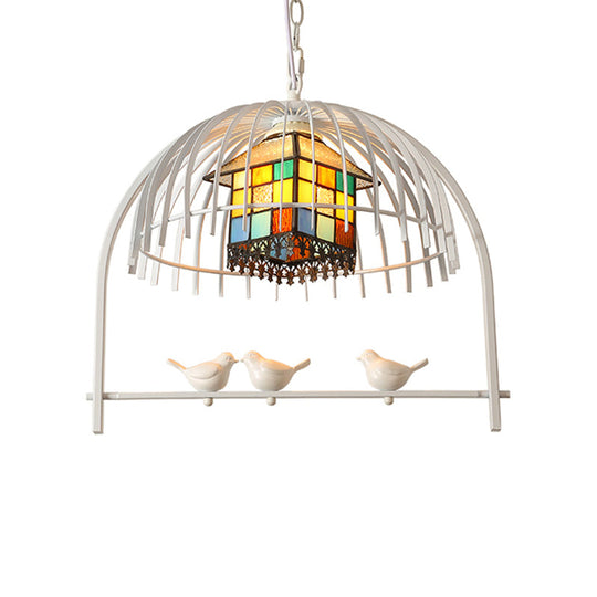 Tiffany Style White Bird Cage Pendant Light with Stainless Glass Ceiling Lamp