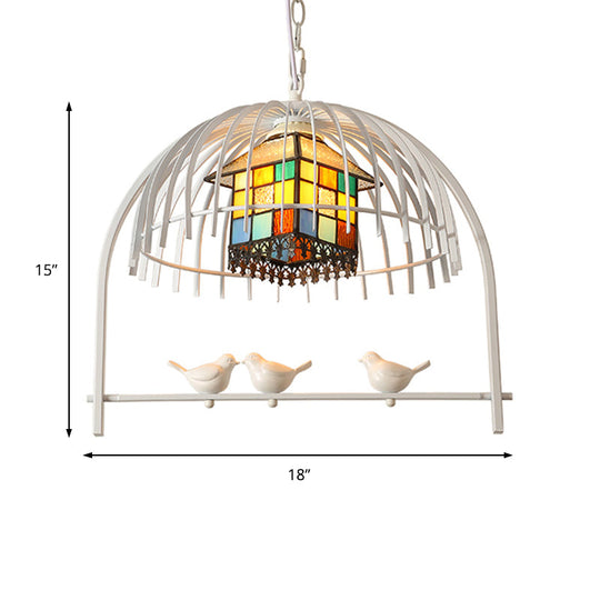 Tiffany Style White Bird Cage Pendant Light with Stainless Glass Ceiling Lamp