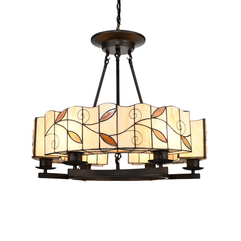 Tiffany Lodge Pendant Light - Stained Glass Drum Chandelier with Leaf Accent, Adjustable Hanging in White