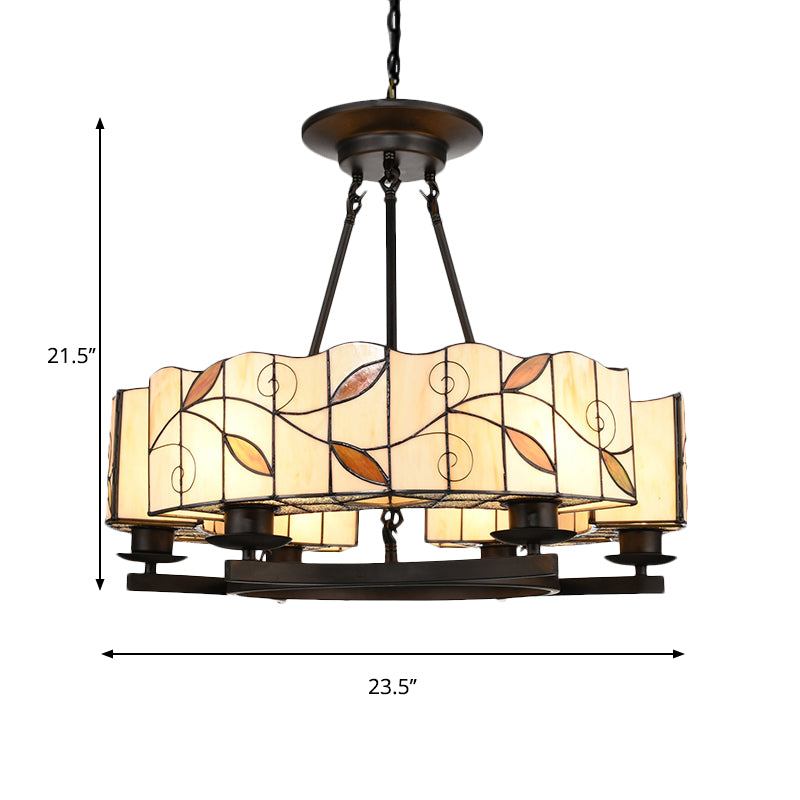 Tiffany Lodge Pendant Light - Stained Glass Drum Chandelier with Leaf Accent, Adjustable Hanging in White