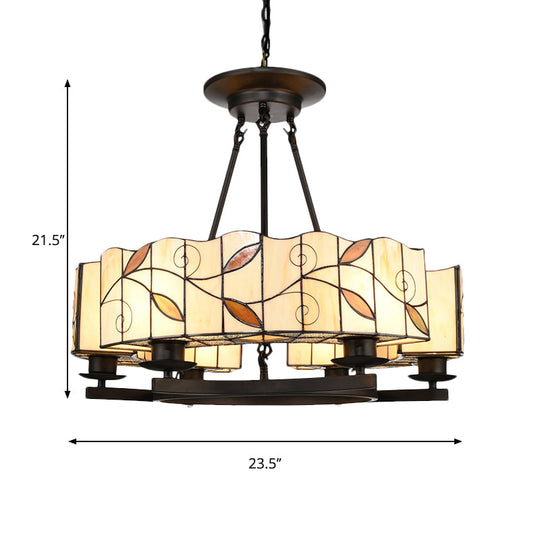 Tiffany Lodge Pendant Light - Stained Glass Drum Chandelier with Leaf Accent, Adjustable Hanging in White