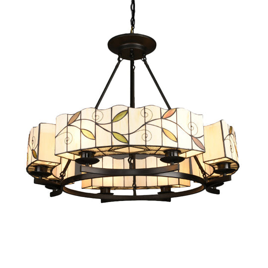 Tiffany Lodge Pendant Light - Stained Glass Drum Chandelier with Leaf Accent, Adjustable Hanging in White