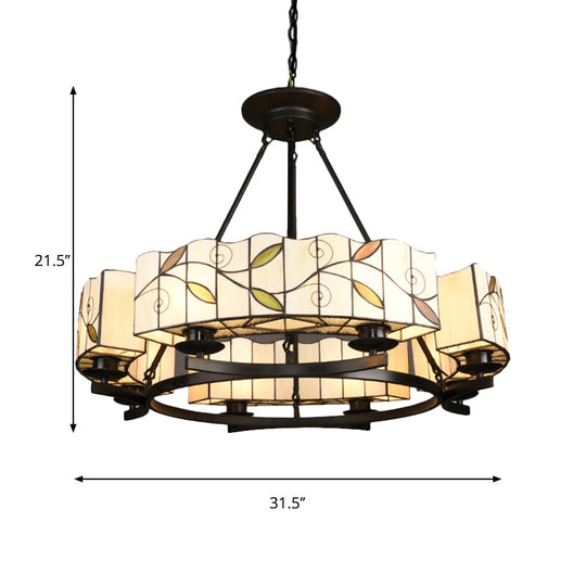 Tiffany Lodge Pendant Light - Stained Glass Drum Chandelier with Leaf Accent, Adjustable Hanging in White