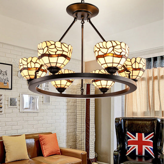 Adjustable Chain Beige Glass Bowl Chandelier - Rustic Hanging Ceiling Light With 6 Lights