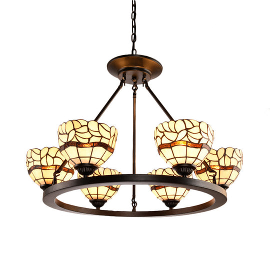 Rustic Beige Glass Bowl Chandelier - 6-Light Fixture with Adjustable Chain