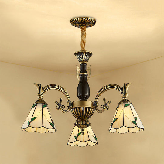 Adjustable 3-Light Rustic Chandelier: Beige Glass Cone Shades For Dining Room