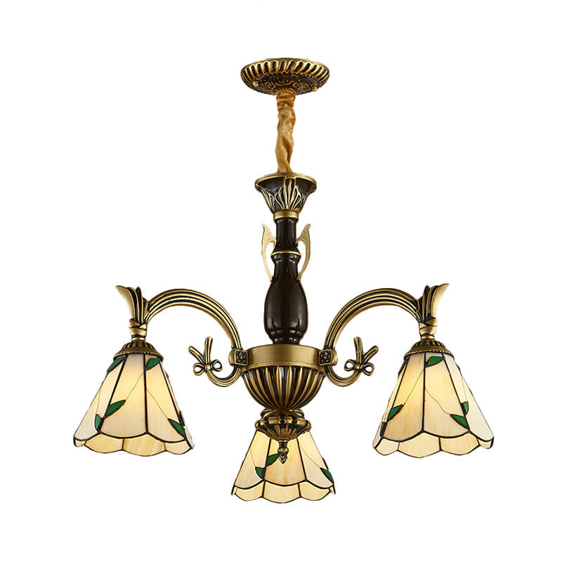 Adjustable 3-Light Rustic Chandelier: Beige Glass Cone Shades For Dining Room