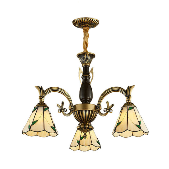 Adjustable 3-Light Rustic Chandelier: Beige Glass Cone Shades For Dining Room