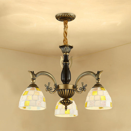 Traditional Shell Dome Suspension Lamp With Curved Arm - 3-Light Pendant For Foyer