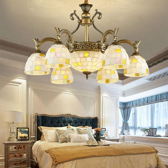 6/8-Light Domed Chandelier With Mosaic White Glass Tiffany Pendant Light - Aged Brass Finish 6 /