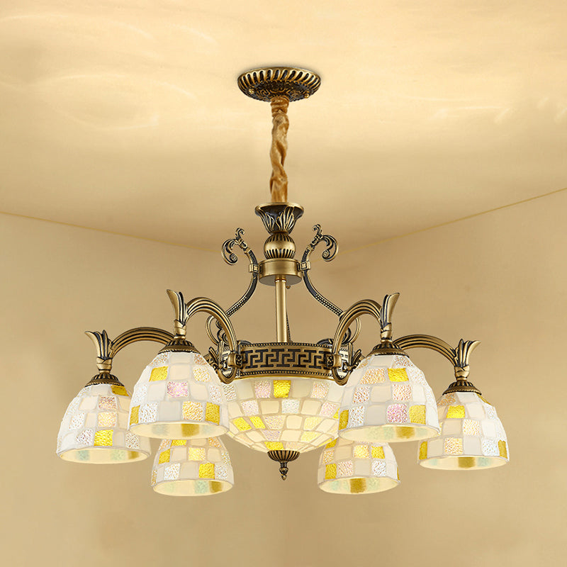 6/8-Light Domed Chandelier With Mosaic White Glass Tiffany Pendant Light - Aged Brass Finish