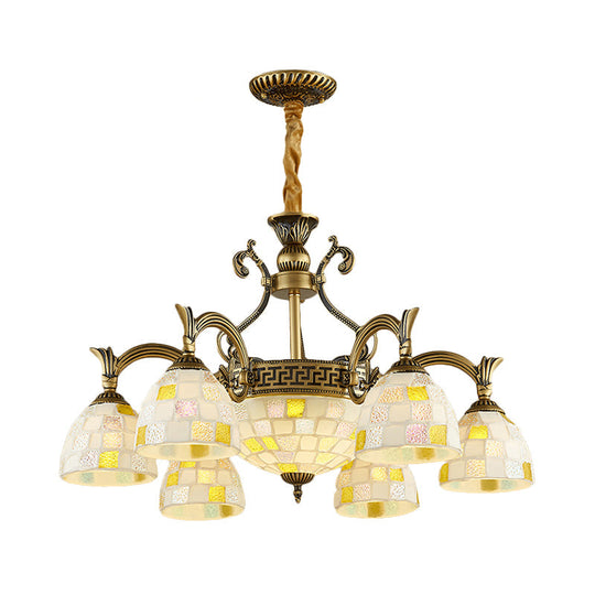 6/8-Light Domed Chandelier With Mosaic White Glass Tiffany Pendant Light - Aged Brass Finish