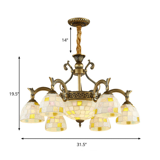 6/8-Light Domed Chandelier With Mosaic White Glass Tiffany Pendant Light - Aged Brass Finish