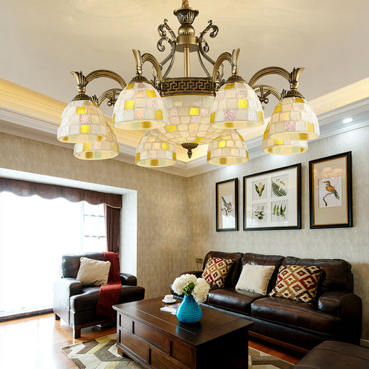 6/8-Light Domed Chandelier With Mosaic White Glass Tiffany Pendant Light - Aged Brass Finish 8 /