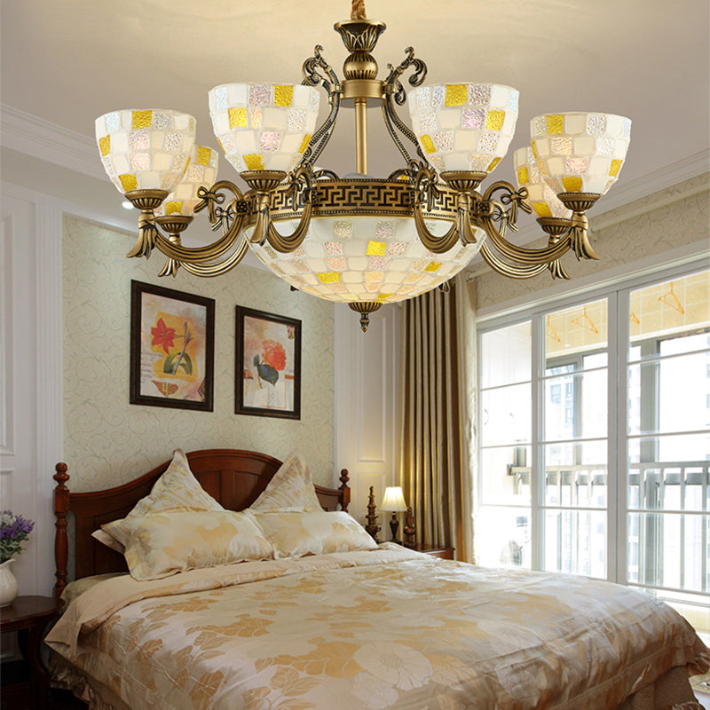 6/8-Light Domed Chandelier With Mosaic White Glass Tiffany Pendant Light - Aged Brass Finish