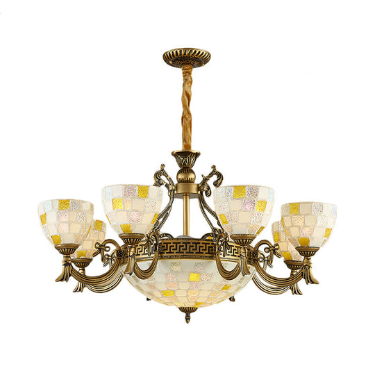 6/8-Light Domed Chandelier With Mosaic White Glass Tiffany Pendant Light - Aged Brass Finish