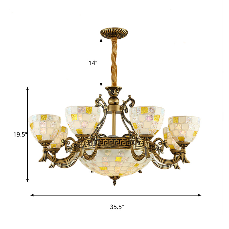 6/8-Light Domed Chandelier With Mosaic White Glass Tiffany Pendant Light - Aged Brass Finish