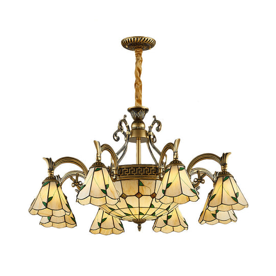 Country Style Dome Pendant Light with Stained Glass Chandelier in Beige - 9/11 Cone Lights