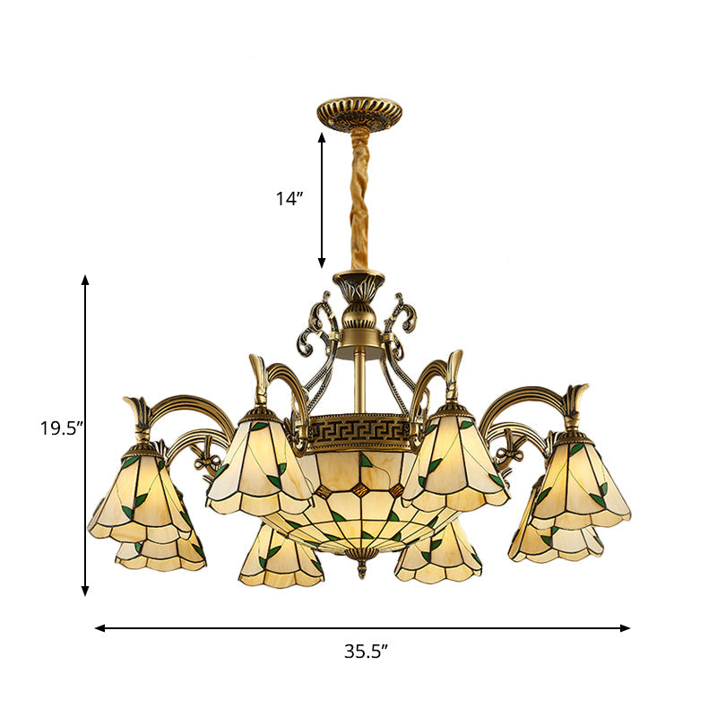 Country Style Dome Pendant Light with Stained Glass Chandelier in Beige - 9/11 Cone Lights