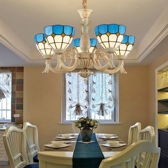 Blue Mediterranean Glass Pendant Chandelier with 5 Lights for Hallway