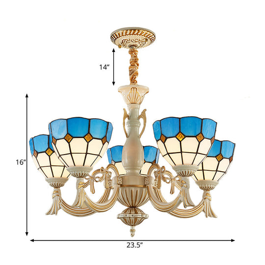 Blue Mediterranean Glass Pendant Light: 5-Light Bowl Chandelier For Elegant Hall Ambiance