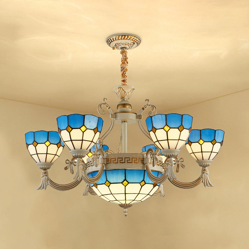 Mediterranean Domed Chandelier - 6/8 Lights Stained Glass Ceiling Lamp In Blue For Bedroom