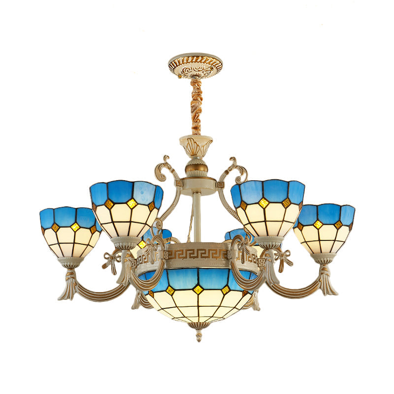 Blue Stained Glass Ceiling Lamp: Mediterranean Domed Chandelier (6/8 Lights) For Bedroom