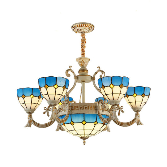 Mediterranean Domed Chandelier - 6/8 Lights Stained Glass Ceiling Lamp In Blue For Bedroom