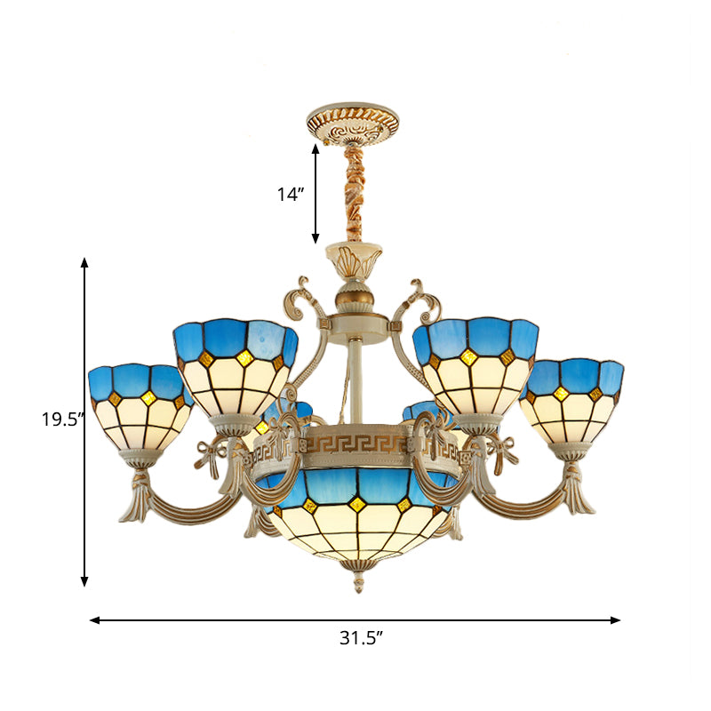 Blue Stained Glass Ceiling Lamp: Mediterranean Domed Chandelier (6/8 Lights) For Bedroom