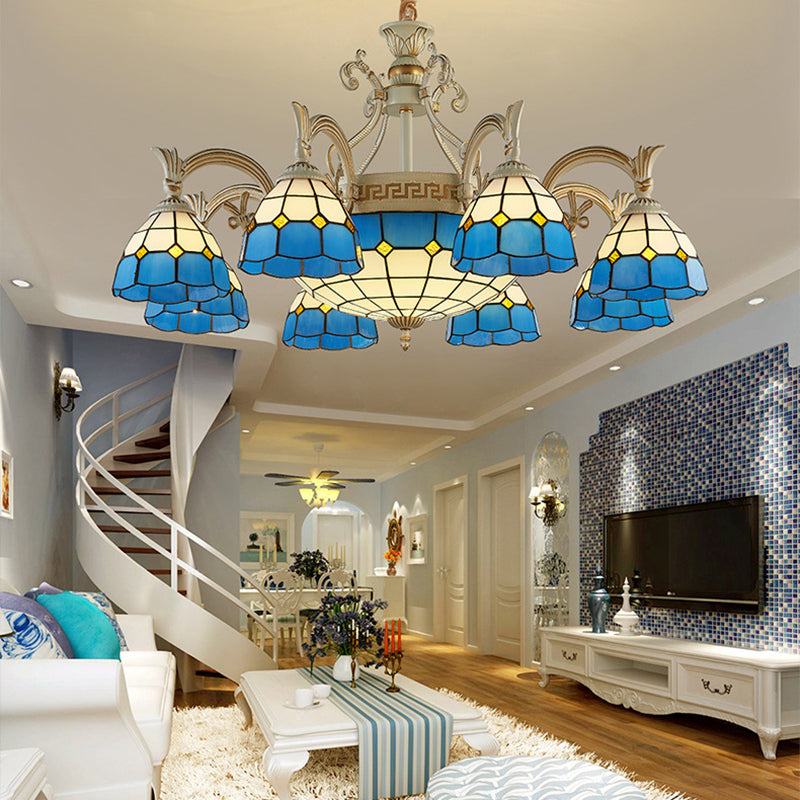 Blue Stained Glass Ceiling Lamp: Mediterranean Domed Chandelier (6/8 Lights) For Bedroom 8 /