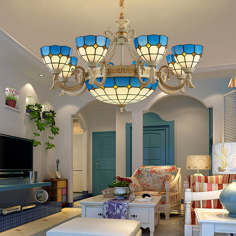 Blue Stained Glass Ceiling Lamp: Mediterranean Domed Chandelier (6/8 Lights) For Bedroom